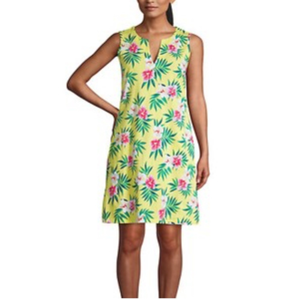 Lands' End‎ Women Floral Print Sleeveless Yellow Casual Sun Dress S 6/8 Tropical